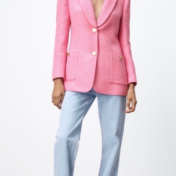 NWT-Zara Pink Tweed Women's Blazer Jacket Gold Button Detail - Picture 2 of 12